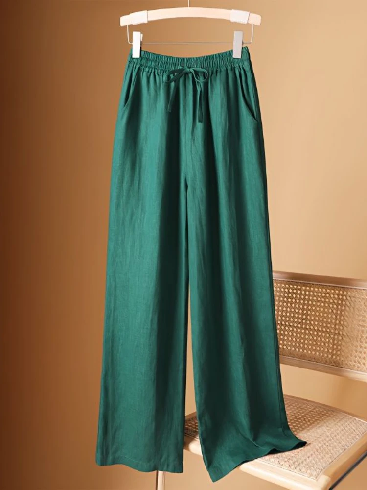 Тонкие льняные широкие брюки, женские прямые зеленые женские брюки с высокой талией, модные тонкие повседневные женские брюки с завязками в стиле ретро