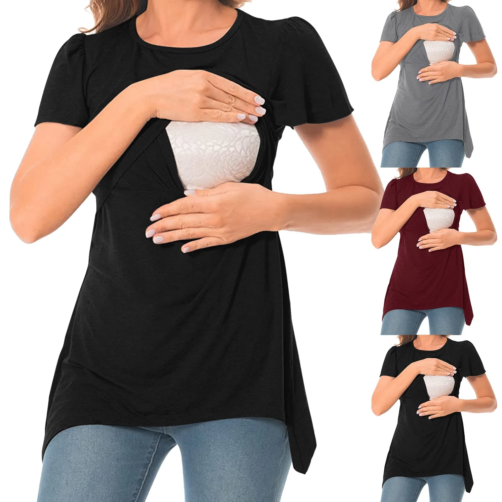 Топы для беременных и кормящих Беременных Женщин Футболка с нерегулярным подолом Рубашка для грудного вскармливания Повседневная Базовая футболка для кормящих Сплошные топы