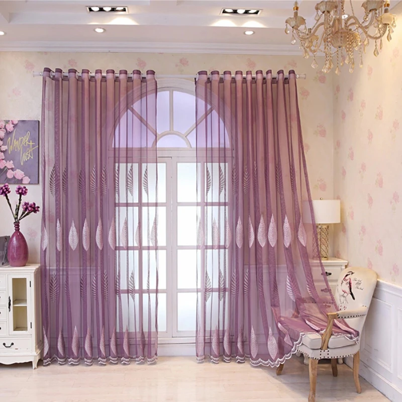Фиолетовые/розовые листья с вышивкой, шторы из прозрачной пряжи для кухонного балкона