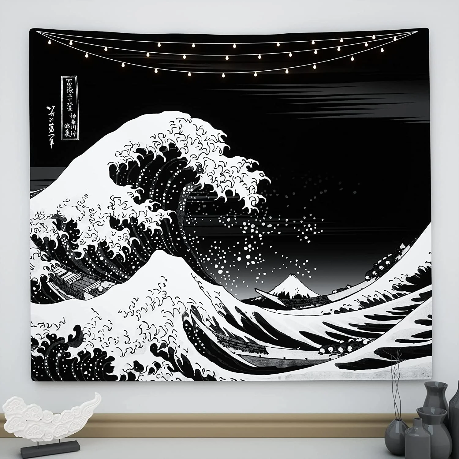 Черно-белый гобелен NEW Wave, настенный гобелен the Great Wave off Kanagawa, японский гобелен Kawaii, Психоделический стиль хиппи