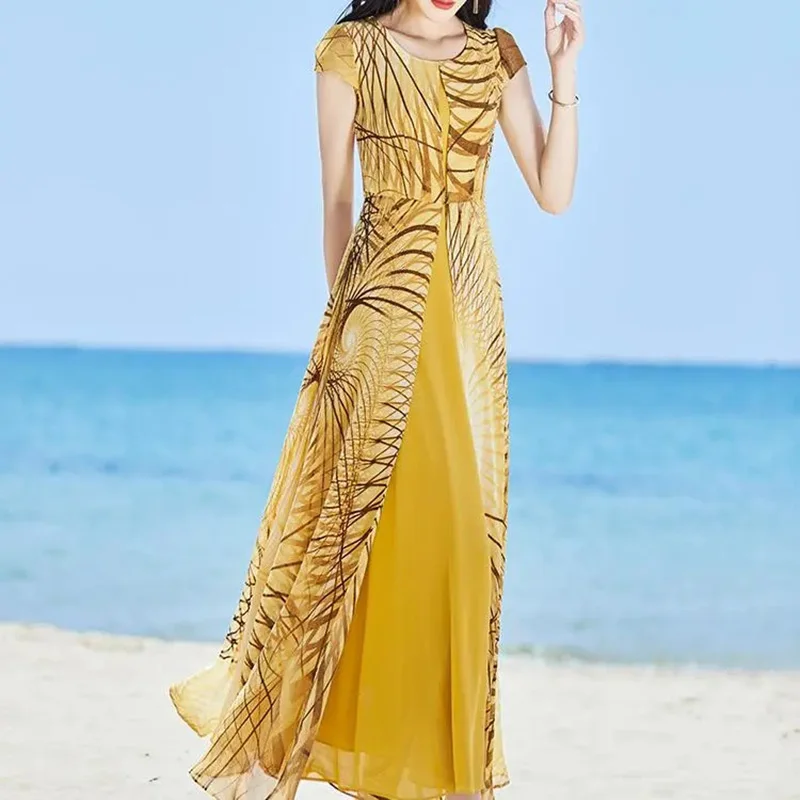 Шифоновое платье с принтом для женской летней одежды 2023 года, новый модный и стильный образ, облегающее длинное платье