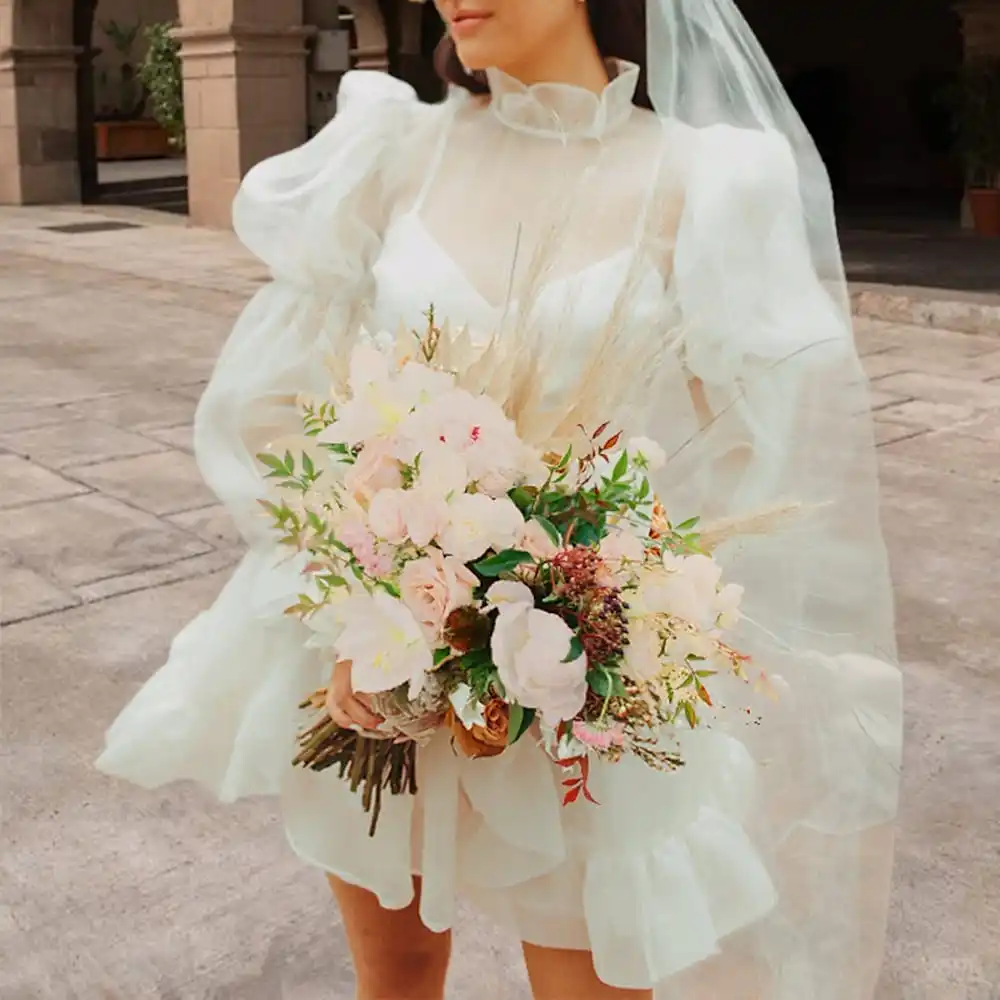 Элегантное свадебное платье с высоким воротом, оборками из органзы, длинными рукавами, мини-бальное платье, сшитое на заказ, Свадебные платья Vestido De Novia