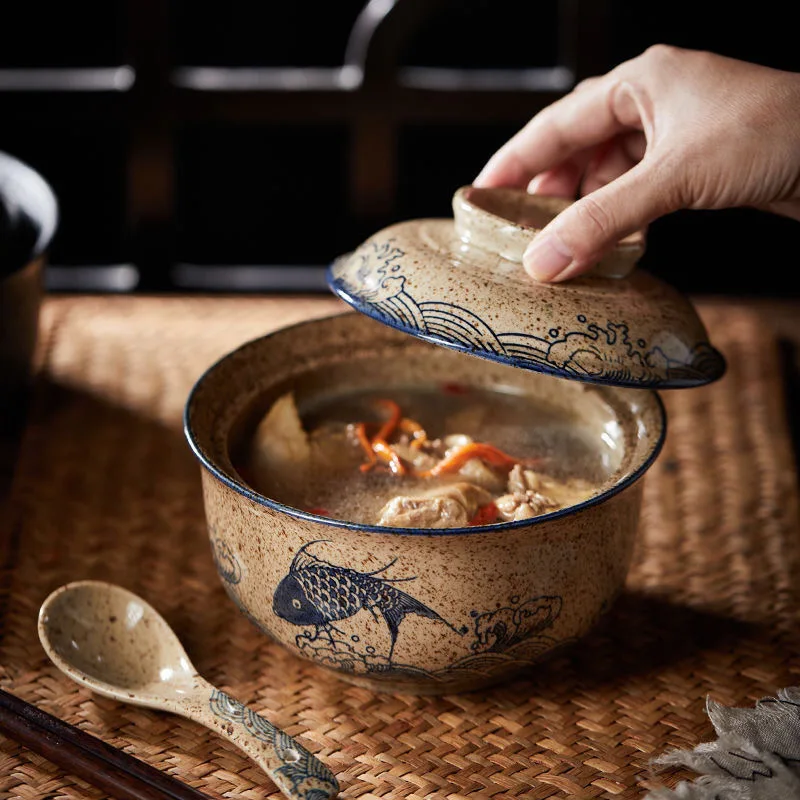 Японская миска для быстрого приготовления Рамэн с крышкой, Ретро Керамические миски для салата с лапшой, миски для супа, Бытовая Кухонная посуда